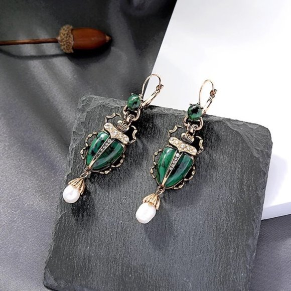 Anthropologie Green Scarab Earrings - Picture 2 of 6